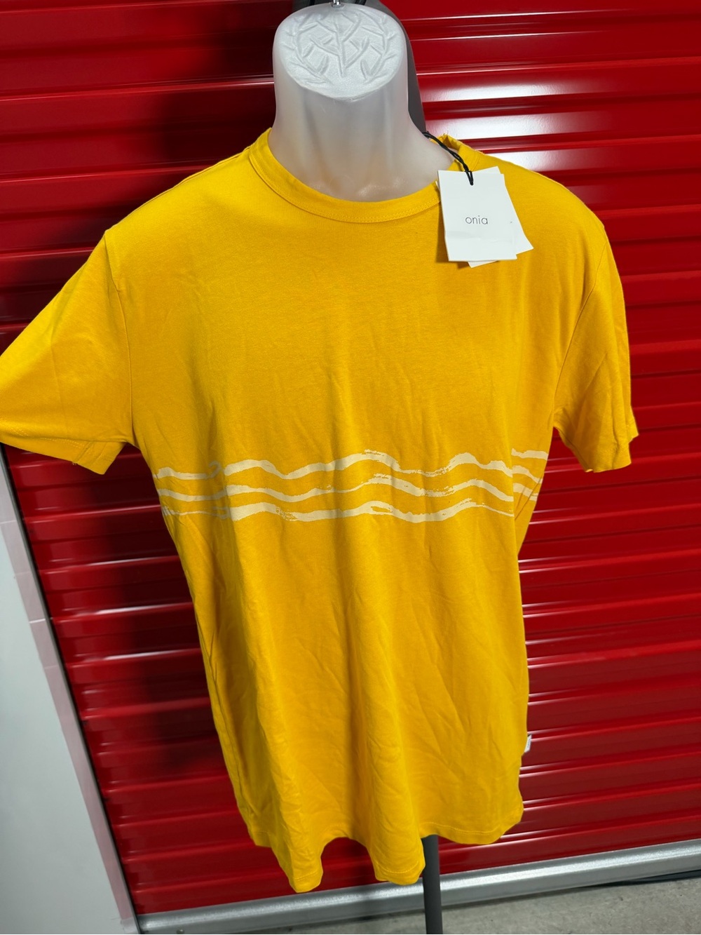 Onia Yellow Short-Sleeve Crewneck Tee with White Wave Stripes
